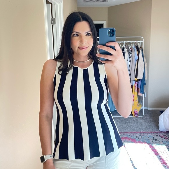 Ann Taylor Navy Striped Sleeveless Knit Peplum Top - Picture 1 of 6